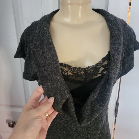 Almost Famous Women's Grey Cowl Neck Lace Insert Short Sleeve Sweater - Picture 3 of 13